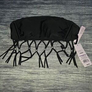 Wild Fable Black Macrame Fringe Beaded Bandeau Bikini Top XXS NWT